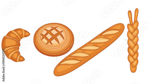 Assorted bakery items including a croissant, round loaf, long baguette, and braided bread are shown in a warm color palette.
