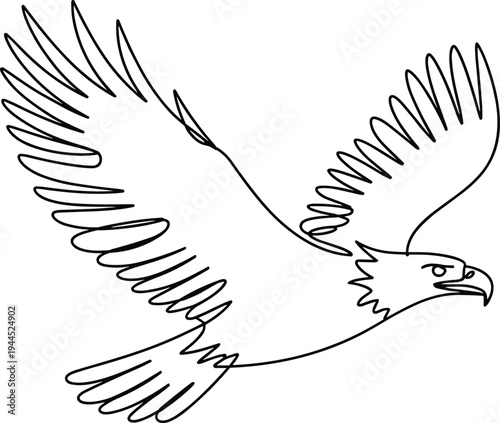 Black line of eagle flying right with outstretched wings bird line black