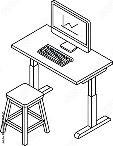 Isometric standing desk workstation with computer monitor showing analytics chart keyboard and stool minimal line vector illustration of modern ergonomic workspace setup concept