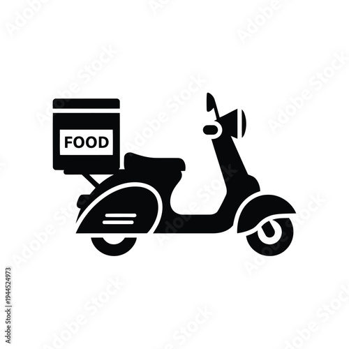 Illustration of black silhouette of a scooter with a food delivery box attached to the back vector