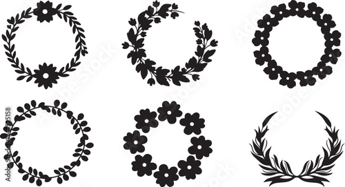 Black floral wreath on white background flowers leaves
