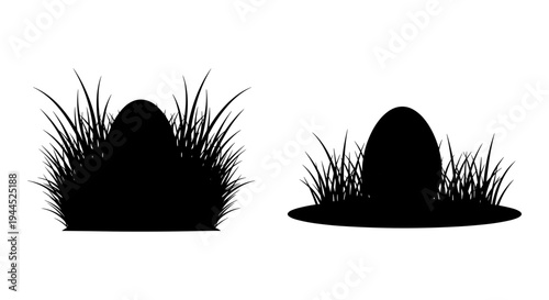 Two contrasting silhouettes of eggs nestled in grassy patches against a plain background Vector, illustration