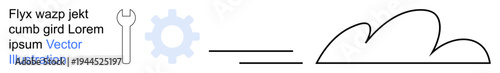Technology, cloud computing, engineering, digital infrastructure, process planning, data storage. A wrench, a gear and a cloud outlined in clean minimalist lines. Cloud computing and technology