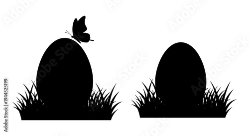Two eggs emerging from the grass with a butterfly perched on one Vector, illustration