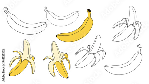 Comprehensive set of banana illustrations includes whole yellow fruit, peeled versions, and simple line art outlines on white.