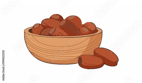 Sweet dates fruit in wooden bowl flat vector illustration healthy dried fruit isolated on white