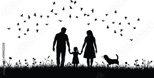 Silhouette family with child dog birds outdoors, black white vector illustration representing togetherness nature bonding parenting design art