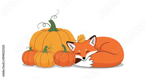 Cute red fox sleeping beside autumn pumpkins and gourds in cozy harvest setting with warm lighting