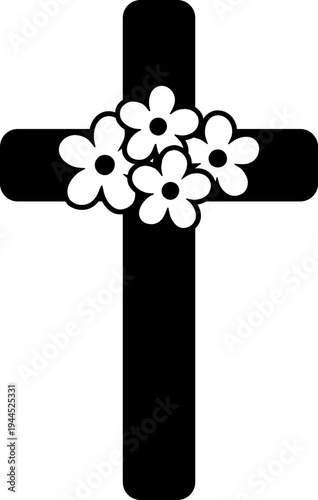 Easter floral cross black silhouette vector illustration for spring Christian design.
Decorative Easter cross with floral elements in black silhouette vector illustration.
Transparent background. svg.
