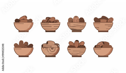 Dates fruit wooden bowl icon set dried sweet fruit flat vector collection