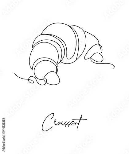 A croissant drawn with a single line. The word “croissant.” Traditional pastry.