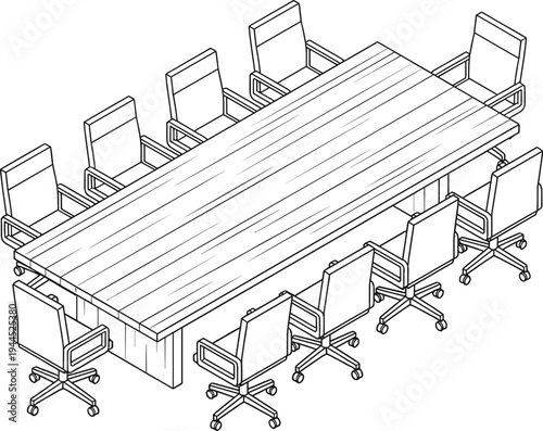 Isometric conference meeting table with office chairs boardroom workspace furniture layout corporate meeting room interior outline vector illustration