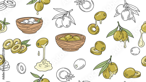 Vibrant pattern features green olives, sliced rings, and wooden bowls of fruit with droplets of fresh oil on a white background.