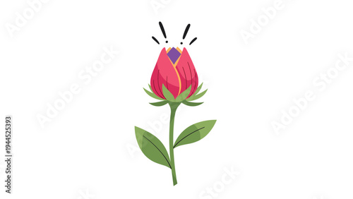 Single vibrant pink flower bud with green sepals and a sturdy stem is topped with a small purple and yellow geometric flare.