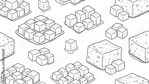 Monochromatic pattern displays various blocks of tofu including some packaged in plastic trays and some loose cubical pieces.