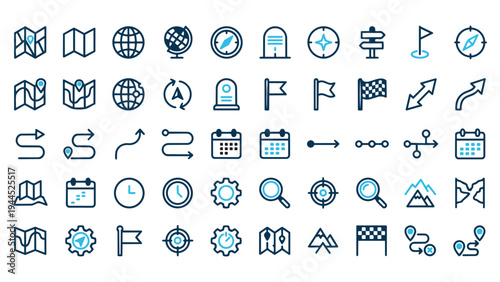 Mapping and Planning Line Icons Set. Comprehensive vector collection of navigation, strategy, search, and time management symbols for digital and print media.
