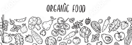 Organic food sketch doodles . Fruits and vegetables. Whimsical food doodles. Hand drawn vector illustration for menu, packaging design. Simple sketch style. Top view. Simply fun