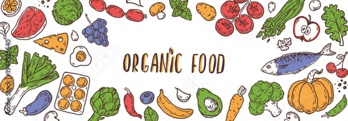 Organic food sketch doodles . Whimsical food doodles, Hand drawn vector illustration for menu, packaging design. Food quirky icons, simple sketch style. Top view. Simply fun