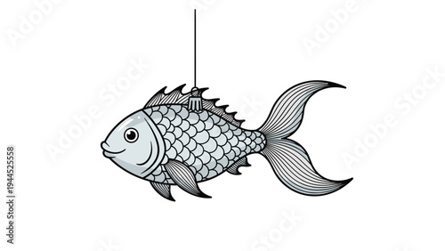 Stylized fish ornament hanging from a single thin wire features intricate scale details and flowing fins in a grey palette.