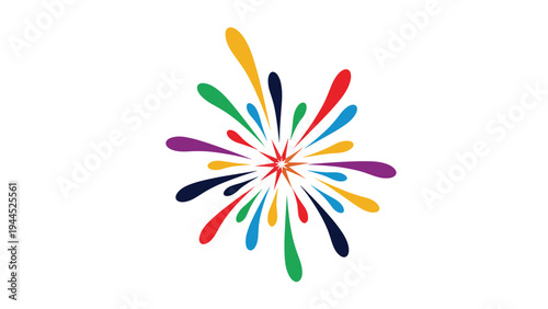 Vibrant abstract burst of colorful droplets radiates from a central red star symbol representing energy, creativity, or joy.