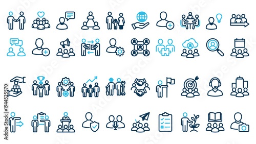 Comprehensive Set of Business and Teamwork Line Icons for Modern Digital Communication and Collaboration Platforms