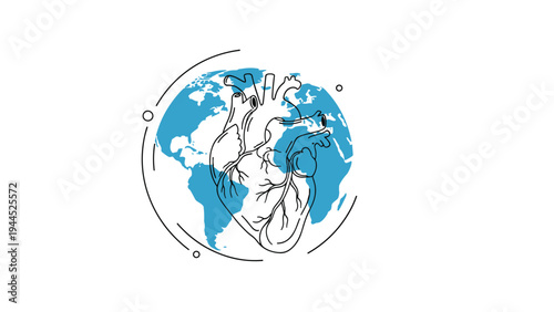 Human heart anatomical illustration is overlaid on a blue world map background with circular artistic lines to symbolize global health.