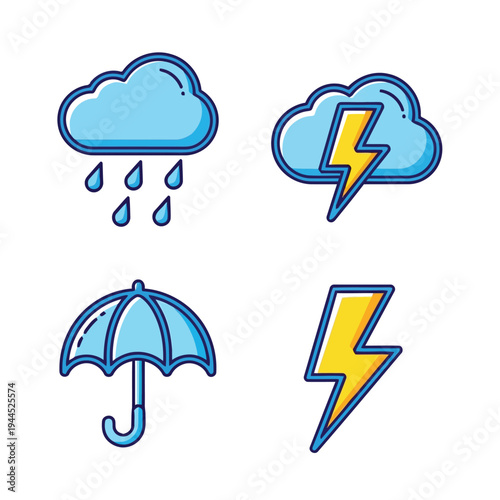Illustration of weather icons with cloud rain lightning and umbrella on vector