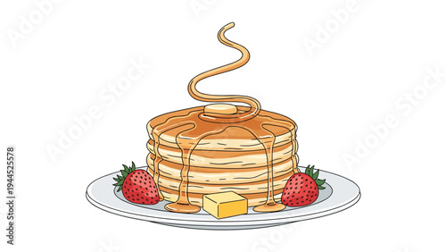 Delicious stack of fluffy pancakes is covered in maple syrup with melting butter on top and fresh strawberries on a white plate.