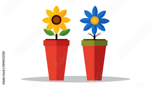 Two vibrant flower pots with bright yellow and blue flowers in red containers. isolated on transparent background