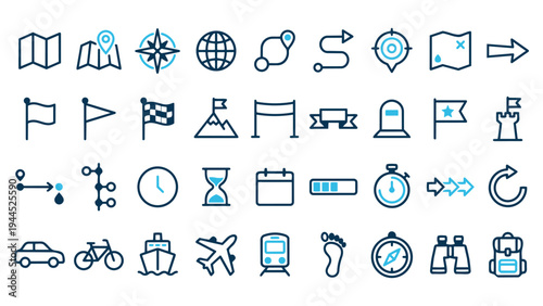Travel and Transportation Line Icons Set. Vector collection of modern symbols for vehicles, navigation, time, planning, and adventure, ideal for tourism and logistics.