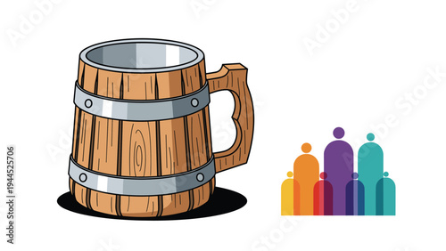 Large wooden beer tankard with metallic bands and a sturdy handle is shown next to abstract colorful silhouettes of people standing.