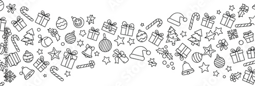 Minimalist, Christmas, Holiday, Icon, Pattern, with, Gift, Boxes, Candy, Canes, and, Stars, Flowing, on, White, Background, Black, and, White, Line, Art, Vector