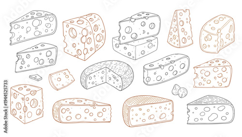 Collection of hand drawn cheese varieties like Emmental and Camembert is shown in a brown line art style across the entire white canvas.