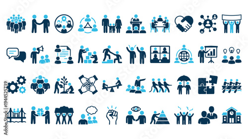 Extensive Collection of Business, Leadership, and Collaboration Line Icons Representing Corporate Dynamics