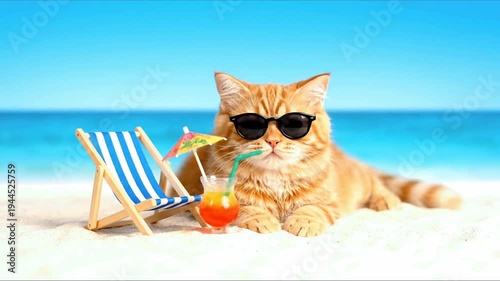 Cat chilling summer near the beach enjoying cocktail 