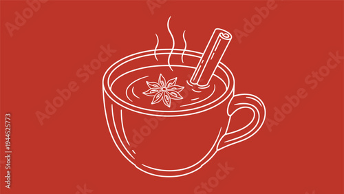 Spiced hot drink in a white ceramic mug is illustrated with a cinnamon stick and star anise on a deep red background for winter vibes.