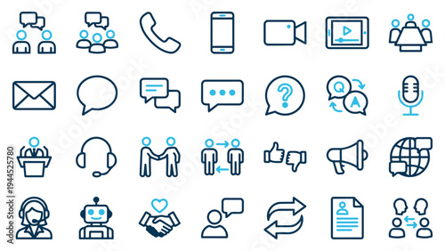Modern Communication and Interaction Line Icons Set for Digital Messaging, Support, and Online Services