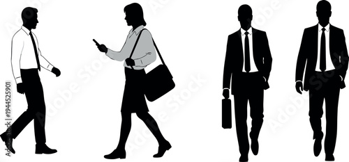 Business people silhouettes walking and using smartphone professional office workers with briefcase corporate team black vector illustration set