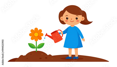 A young girl in a blue dress is watering a yellow flower in a pot with a watering can. isolated on transparent background