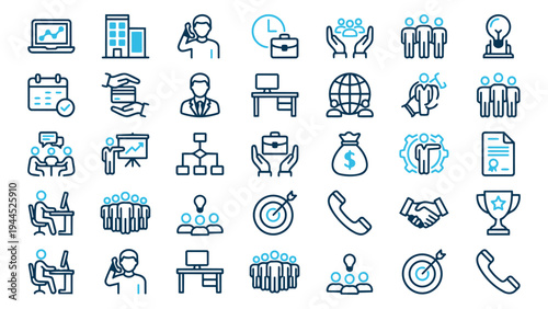 Diverse Set of Business, Office, and Financial Line Icons for Corporate Branding and Digital Interface Design
