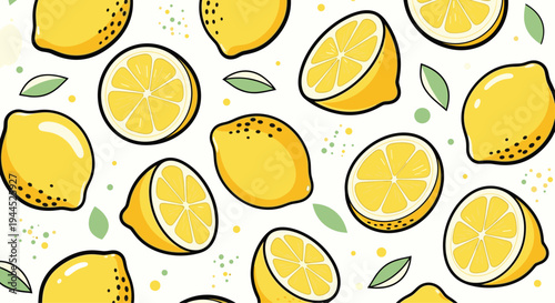 Fresh seamless pattern of whole lemons and slices with green leaves on a white background for a bright and citrusy design feel.