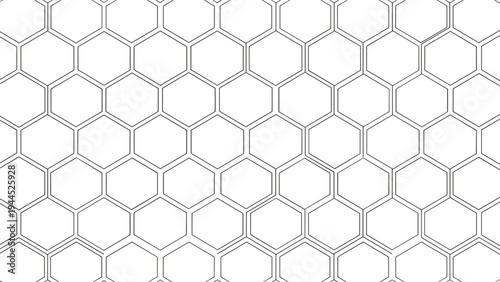 Geometric pattern features a clean and repeating honeycomb structure made of black hexagonal outlines on a plain white background for design.
