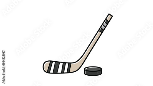 Professional ice hockey stick with a beige handle and a black puck are illustrated as a simple icon on a clean white background for sports.