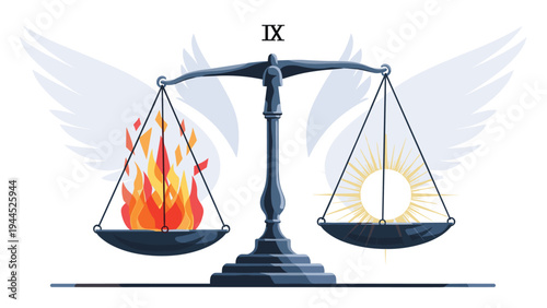 Artistic scales of justice balance a bright flame on one side and a glowing sun on the other, set against a pair of large white wings.