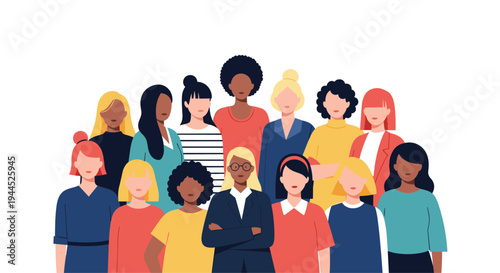 Diverse group of women standing together in a flat illustration style to represent unity, feminism, and sisterhood in society.