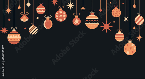 Festive background featuring a variety of hanging Christmas ornaments and stars in warm tones on a dark background for holidays.