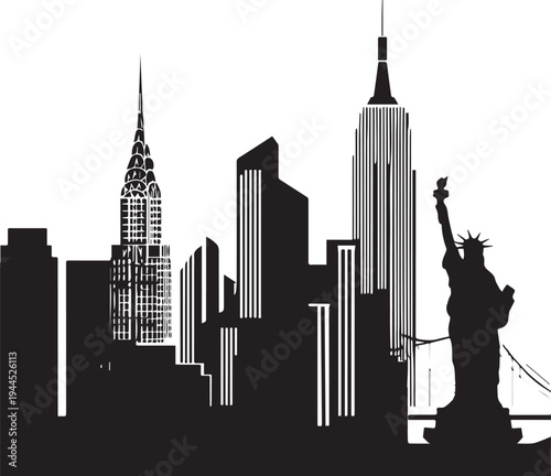 Iconic New York City Skyline Silhouette With Skyscrapers At Dusk