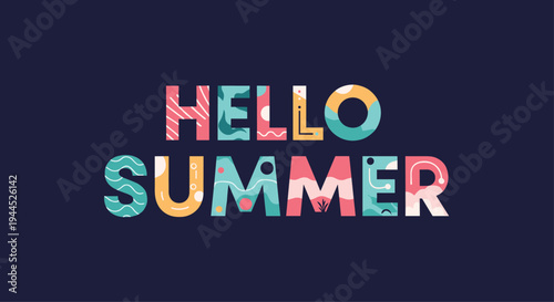 Vibrant Hello Summer typography design with colorful patterns inside the letters on a dark background for seasonal promotion.