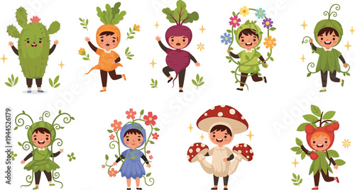 Cute kids wearing plant and vegetable costumes vector set with cactus, mushroom, flowers, beetroot and nature characters