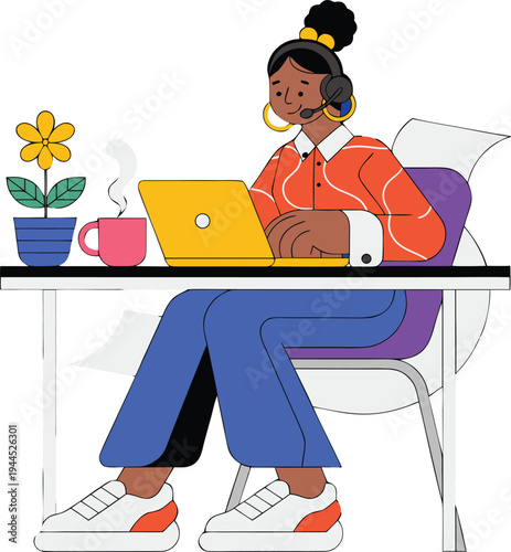 Modern Woman Freelancer Working from Home with Laptop and Headset in Cozy Workspace Illustration